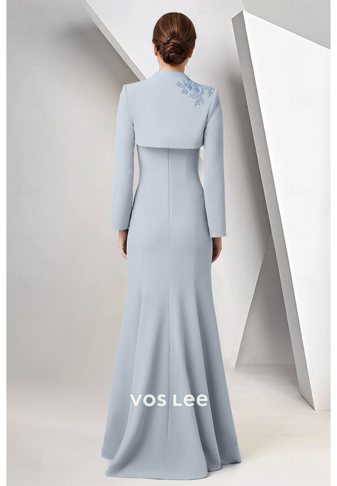 Dusty Blue Two-Piece Mother of the Bride Dress – Lace Appliqué Mermaid Gown with Capelet