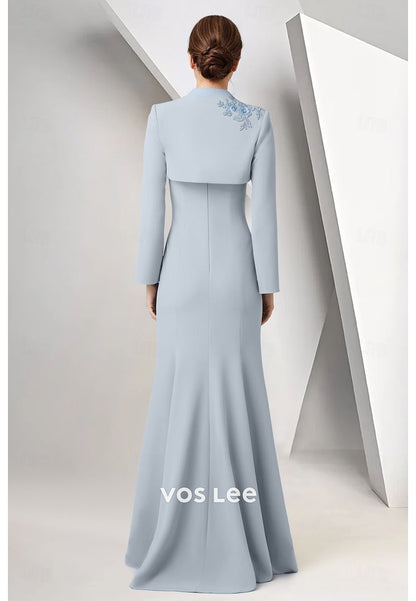 Dusty Blue Two-Piece Mother of the Bride Dress – Lace Appliqué Mermaid Gown with Capelet