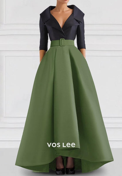 Classic A-Line V-Neck Long Sleeves High Low Evening Formal Dress