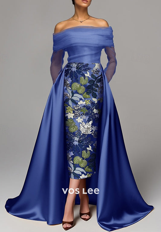 Long Sleeve Off the Shoulder Tulle Appliques Mermaid Evening Dresses