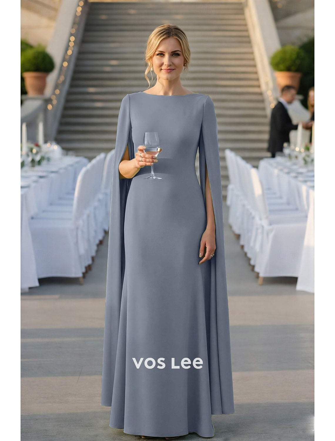 Cape-Sleeve Mermaid Gown – Formal Dress with Boat Neck