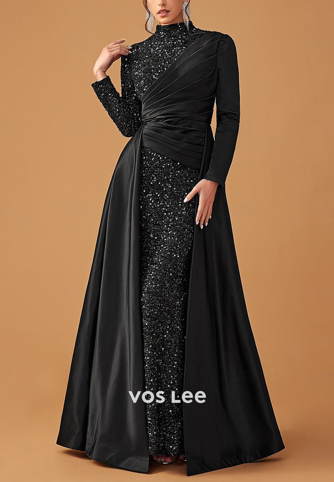 Stunning High-Neck Long-Sleeves Sequin Sheath Evening Dress Formal Gowns