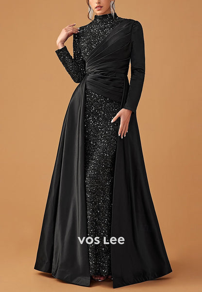 Stunning High-Neck Long-Sleeves Sequin Sheath Evening Dress Formal Gowns