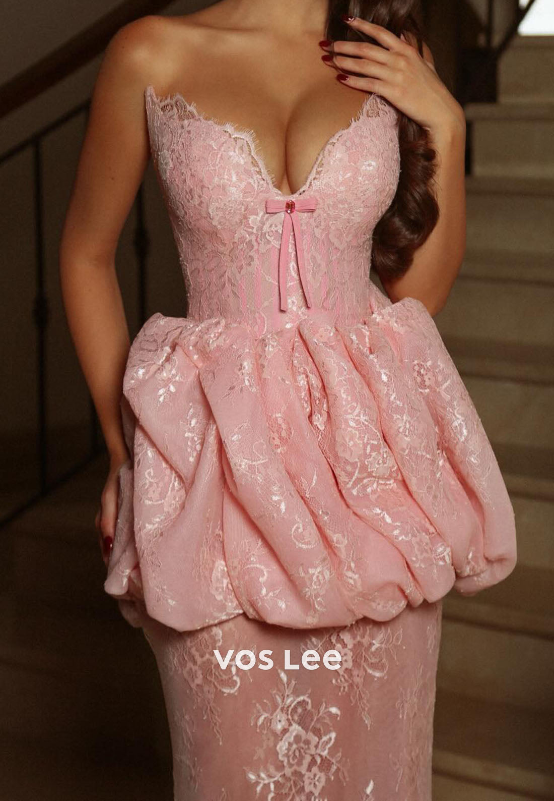 Pink Mermaid Lace Long Prom Dress Sweetheart Party Dress