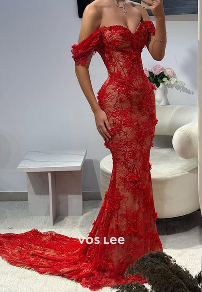 Red Off the Shoulder Sweetheart Flowers Appliques Lace Mermaid Prom Dresses