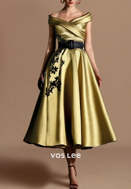 Elegant Off-Shoulder Floral Embellished Midi Dresses Evening Dress with belt
