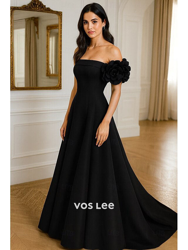 Red Off-the-Shoulder A-Line Gown – Satin Formal Dress with Oversized 3D Rose Detail