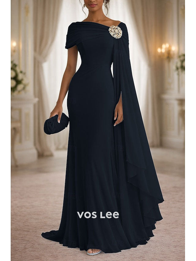 One-Shoulder Mother of the Bride Dress with Cape Detail | Chiffon Floor-Length Formal  Gown