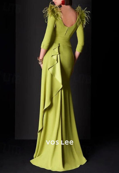 Gorgeous & Charming  Low V-Neck Long Sleeves feather Mermaid Evening Dress
