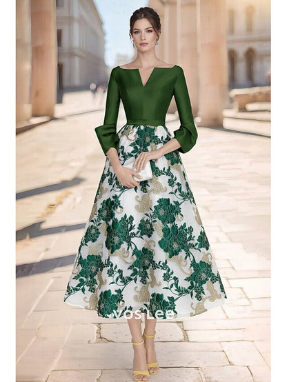 Royal Blue V-Neck Tea Length Gown | 3/4 Sleeve Floral Brocade Formal Dress