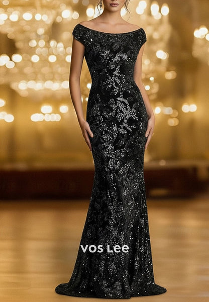 Glitter Sequin Off Shoulder Mermaid Floor Length Prom Dresses Evening Gown