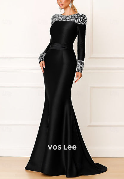 Stunning O-Neck Long-Sleeves Bead Sheath Evening Dress Formal Gowns