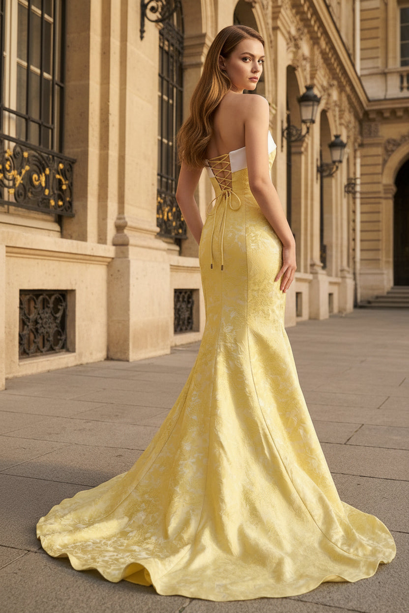 Yellow Strapless Mermaid Satin Long Prom Dresses With Slit