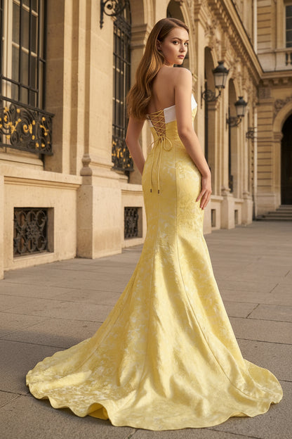 Yellow Strapless Mermaid Satin Long Prom Dresses With Slit