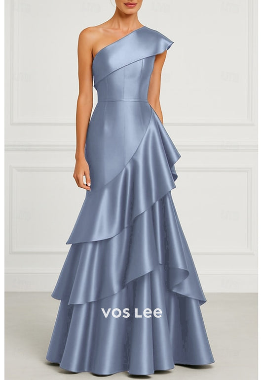 Elegant & Luxurious A-Line Floor-Length One Shoulder Tiered Evening Dresses