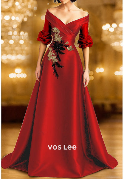 A-Line Off the Shoulder Half Sleeve Pleated Evening Dresses with Court Train