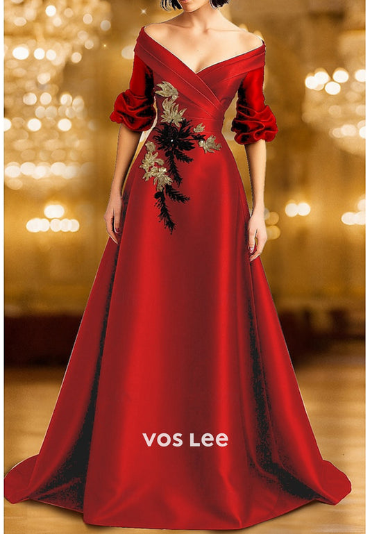 A-Line Off the Shoulder Half Sleeve Pleated Evening Dresses with Court Train