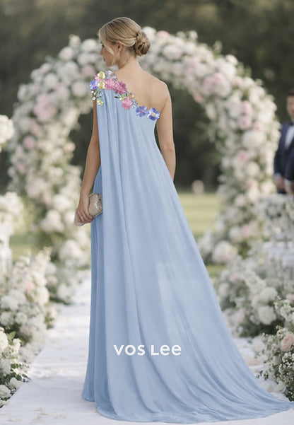 Sky Blue One-Shoulder Mermaid Gown with 3D Floral Appliqué