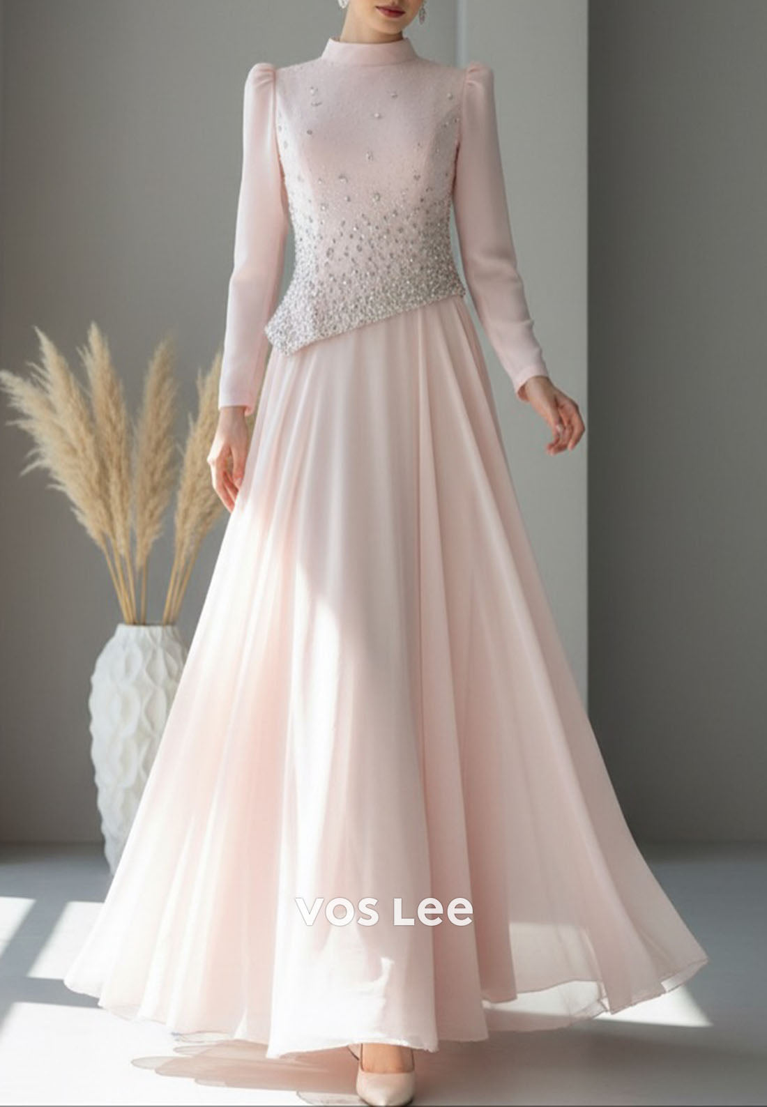 Elegant Black O-Neck Long Sleeves A Line Beading Diamonds Long Evening Dress Wedding Guest Dress