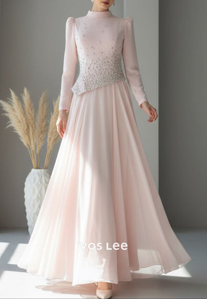 Elegant Black O-Neck Long Sleeves A Line Beading Diamonds Long Evening Dress Wedding Guest Dress