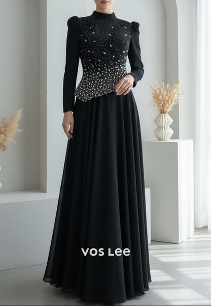 Elegant Black O-Neck Long Sleeves A Line Beading Diamonds Long Evening Dress Wedding Guest Dress