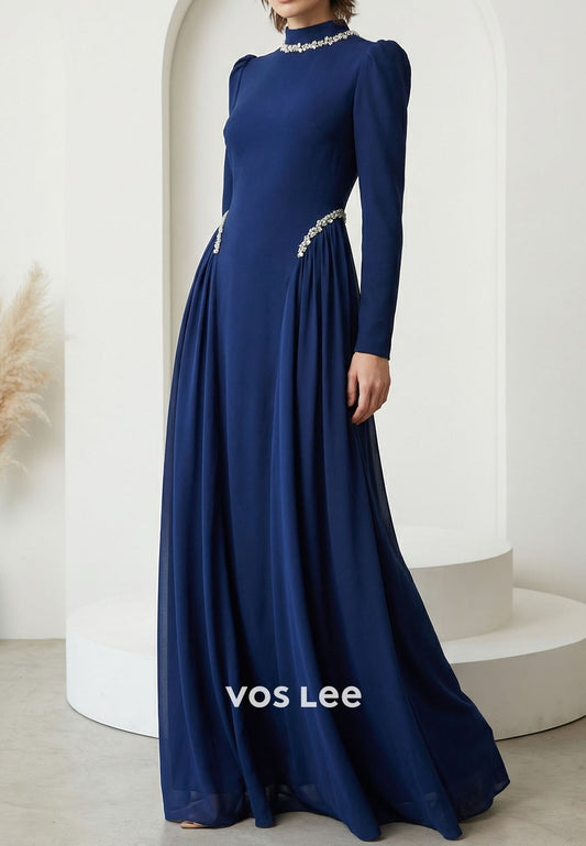 Navy Blue O-Neck Long Sleeves A Line Beading Diamonds Long Evening Dress Wedding Guest Dress