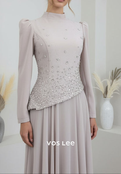 Elegant Black O-Neck Long Sleeves A Line Beading Diamonds Long Evening Dress Wedding Guest Dress