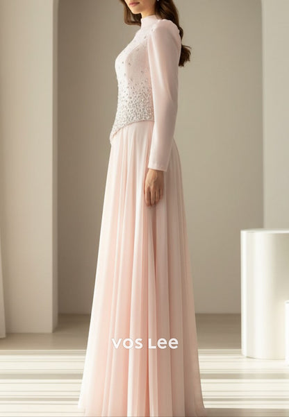 Elegant Black O-Neck Long Sleeves A Line Beading Diamonds Long Evening Dress Wedding Guest Dress