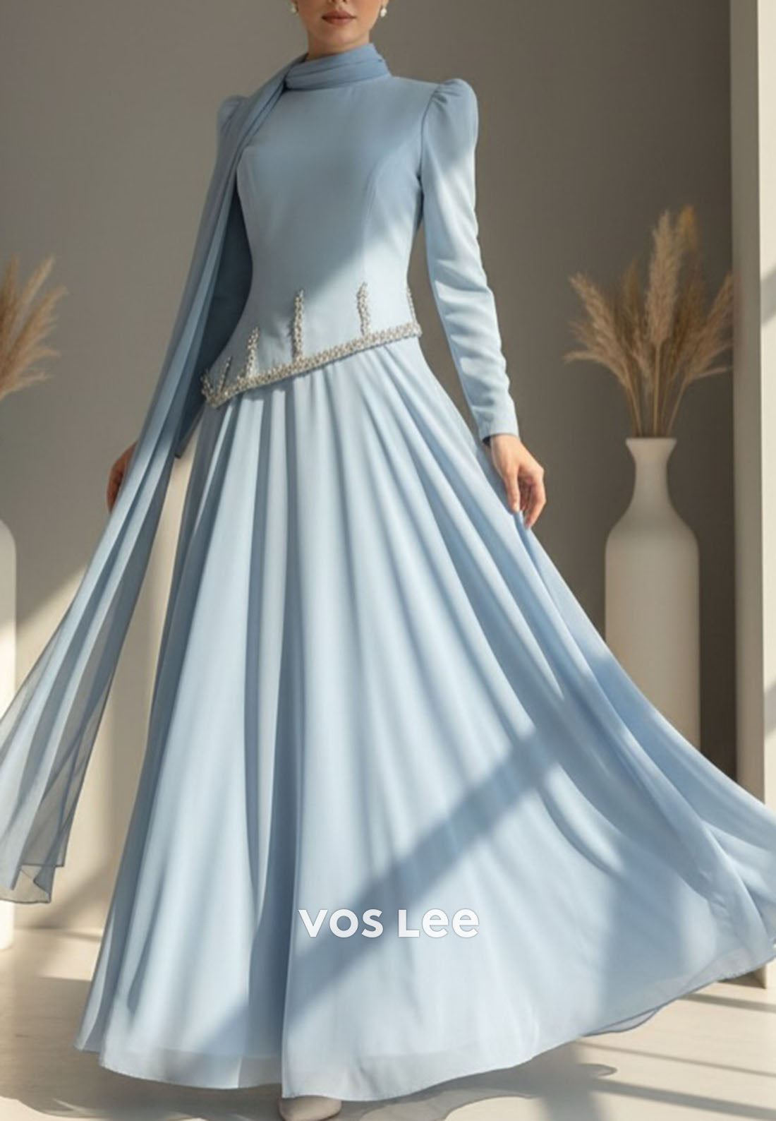 Elegant Blue O-Neck Long Sleeves A Line Pleat Long Evening Dress Wedding Guest Dress