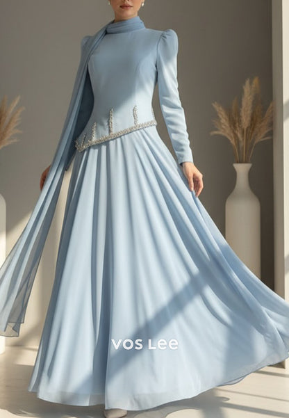 Elegant Blue O-Neck Long Sleeves A Line Pleat Long Evening Dress Wedding Guest Dress