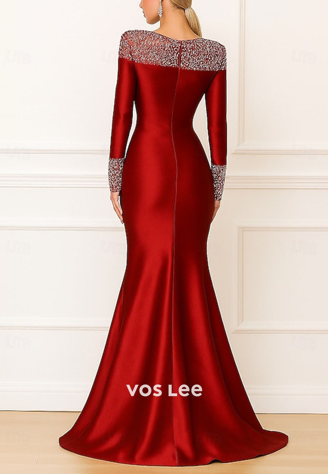 Stunning O-Neck Long-Sleeves Bead Sheath Evening Dress Formal Gowns