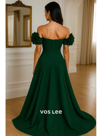 Red Off-the-Shoulder A-Line Gown – Satin Formal Dress with Oversized 3D Rose Detail