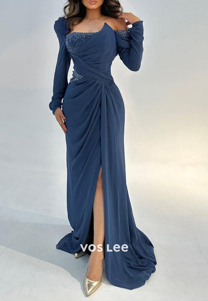 Long Sleeve One Shoulder Rhinestone Pleated Sheath Evening Dresses with Sweep Train
