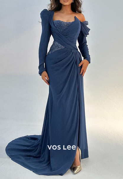 Long Sleeve One Shoulder Rhinestone Pleated Sheath Evening Dresses with Sweep Train