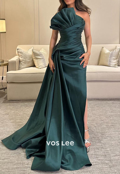Gorgeous & Charming Strapless Pleated Mermaid Party Evening Dresses with Side Split