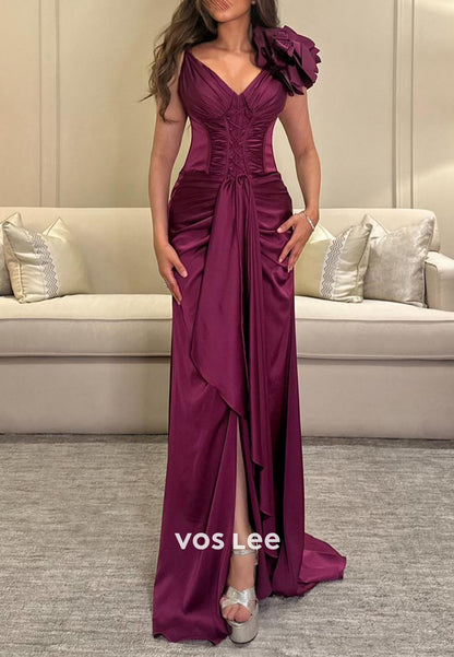 Classic & Timeless V Neck Flowers Pleated Mermaid Long Evening Dresses with High Split