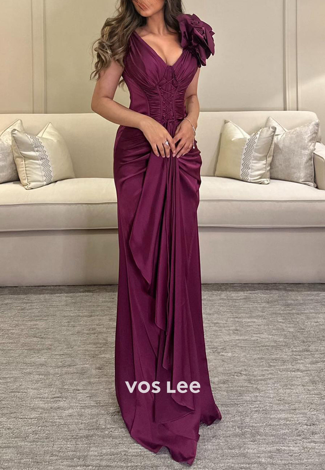 Classic & Timeless V Neck Flowers Pleated Mermaid Long Evening Dresses with High Split