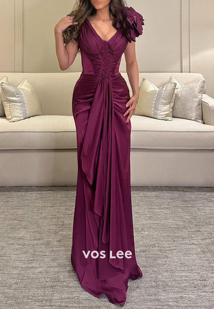 Classic & Timeless V Neck Flowers Pleated Mermaid Long Evening Dresses with High Split