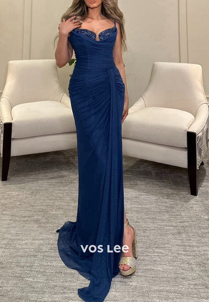 Spaghetti Straps Sweetheart Rhinestone Pleated Mermaid Evening Dresses with High Split