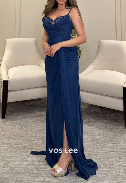 Spaghetti Straps Sweetheart Rhinestone Pleated Mermaid Evening Dresses with High Split