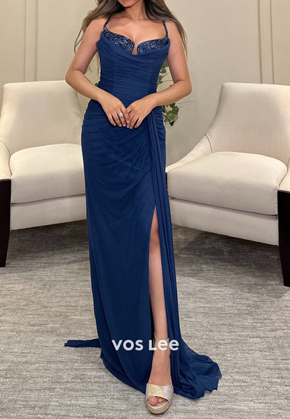 Spaghetti Straps Sweetheart Rhinestone Pleated Mermaid Evening Dresses with High Split