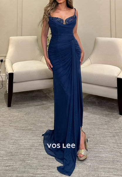 Spaghetti Straps Sweetheart Rhinestone Pleated Mermaid Evening Dresses with High Split