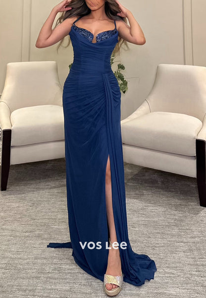Spaghetti Straps Sweetheart Rhinestone Pleated Mermaid Evening Dresses with High Split