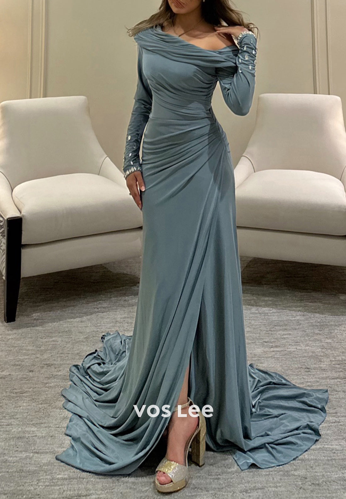 Long Sleeve Off the Shoulder Rhinestone Pleated Mermaid Evening Dresses with Sweep Train