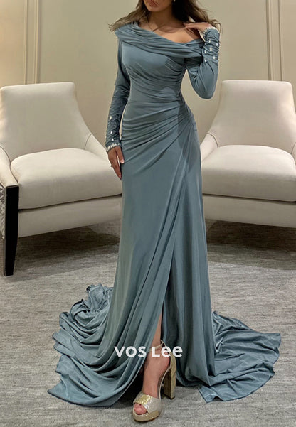Long Sleeve Off the Shoulder Rhinestone Pleated Mermaid Evening Dresses with Sweep Train