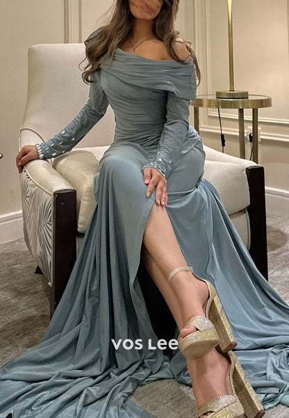 Long Sleeve Off the Shoulder Rhinestone Pleated Mermaid Evening Dresses with Sweep Train