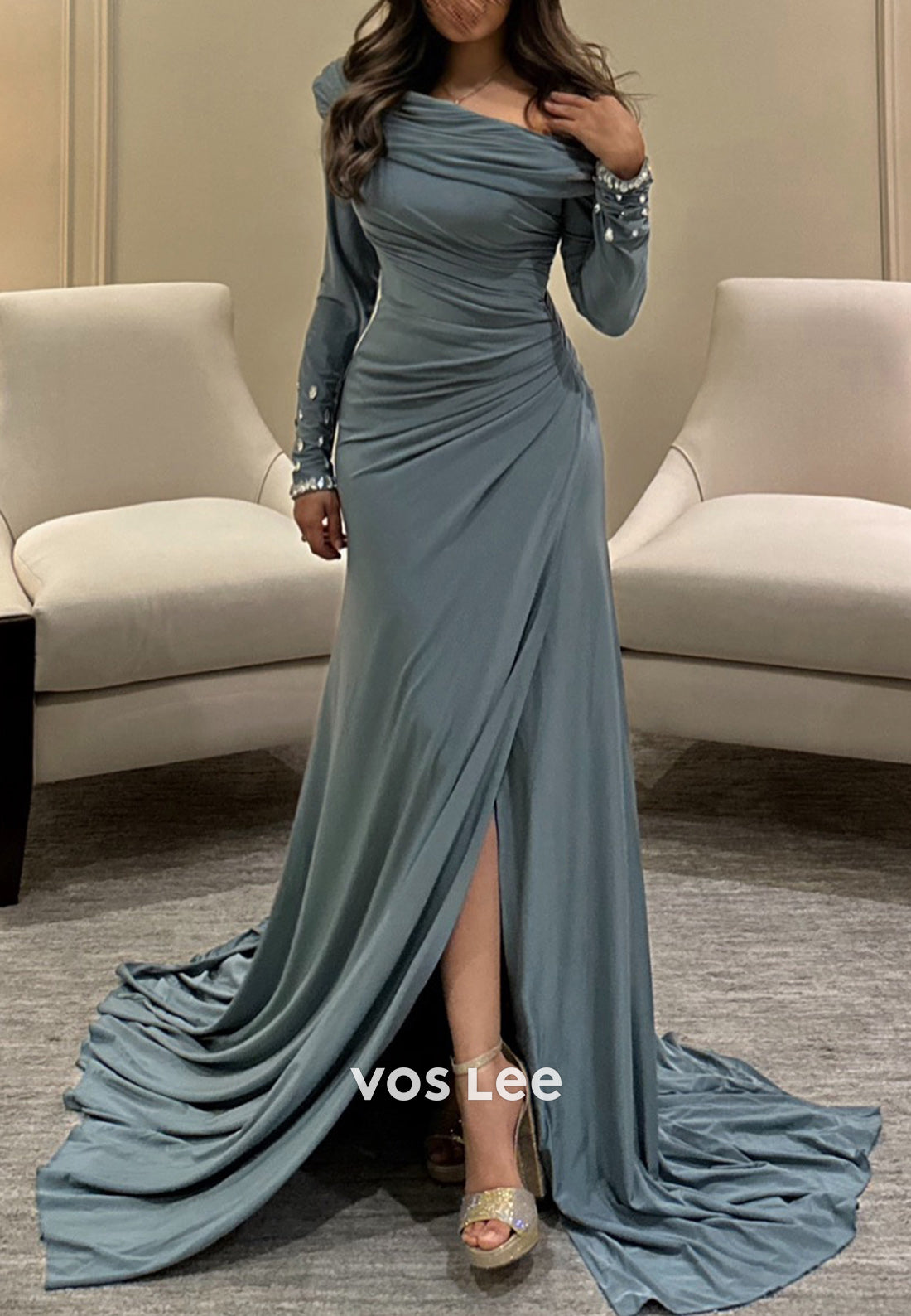 Long Sleeve Off the Shoulder Rhinestone Pleated Mermaid Evening Dresses with Sweep Train