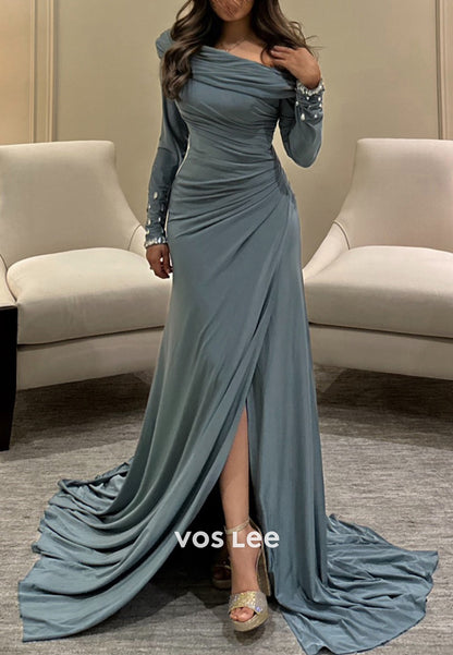 Long Sleeve Off the Shoulder Rhinestone Pleated Mermaid Evening Dresses with Sweep Train