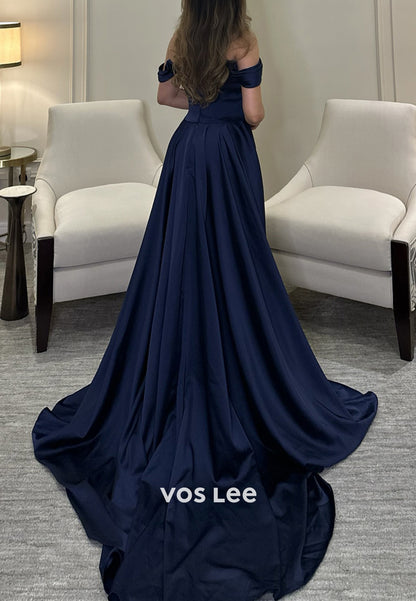 Simple & Casual Off the Shoulder Pleated Mermaid Long Evening Dresses with Court Train