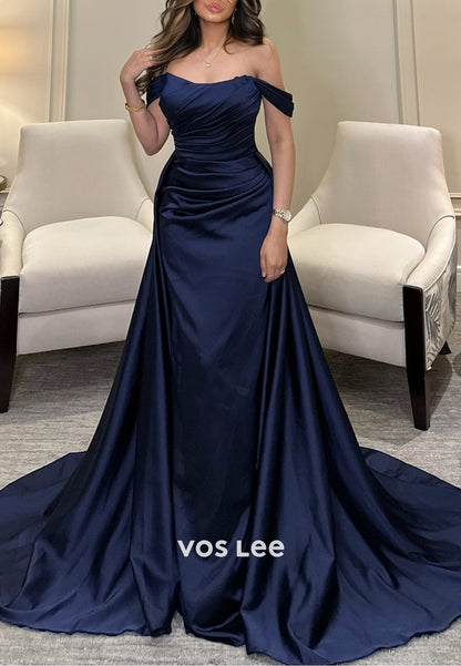 Simple & Casual Off the Shoulder Pleated Mermaid Long Evening Dresses with Court Train